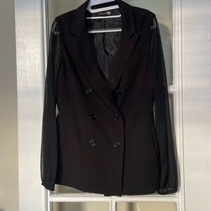 Forever 21 F21 black 2 button blazer sheer mesh long sleeves size Medium